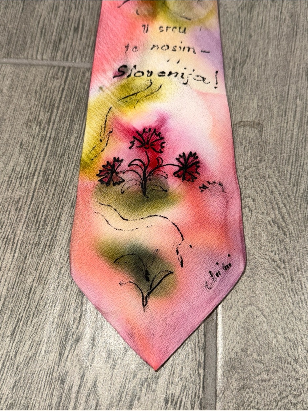 Ideen Hand-Painted 100% Silk Tie Pink Watercolor Carry You In My Heart Slovenia